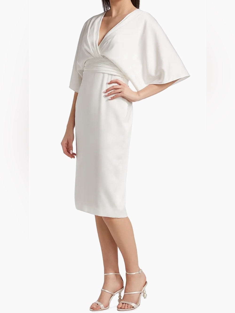 Theia White Kimono-Sleeve Midi Dress